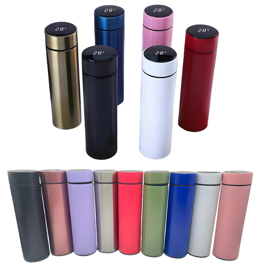 Garrafa térmica Inox com sensor de temperatura digital inteligente e LED para bebidas quentes e frias.