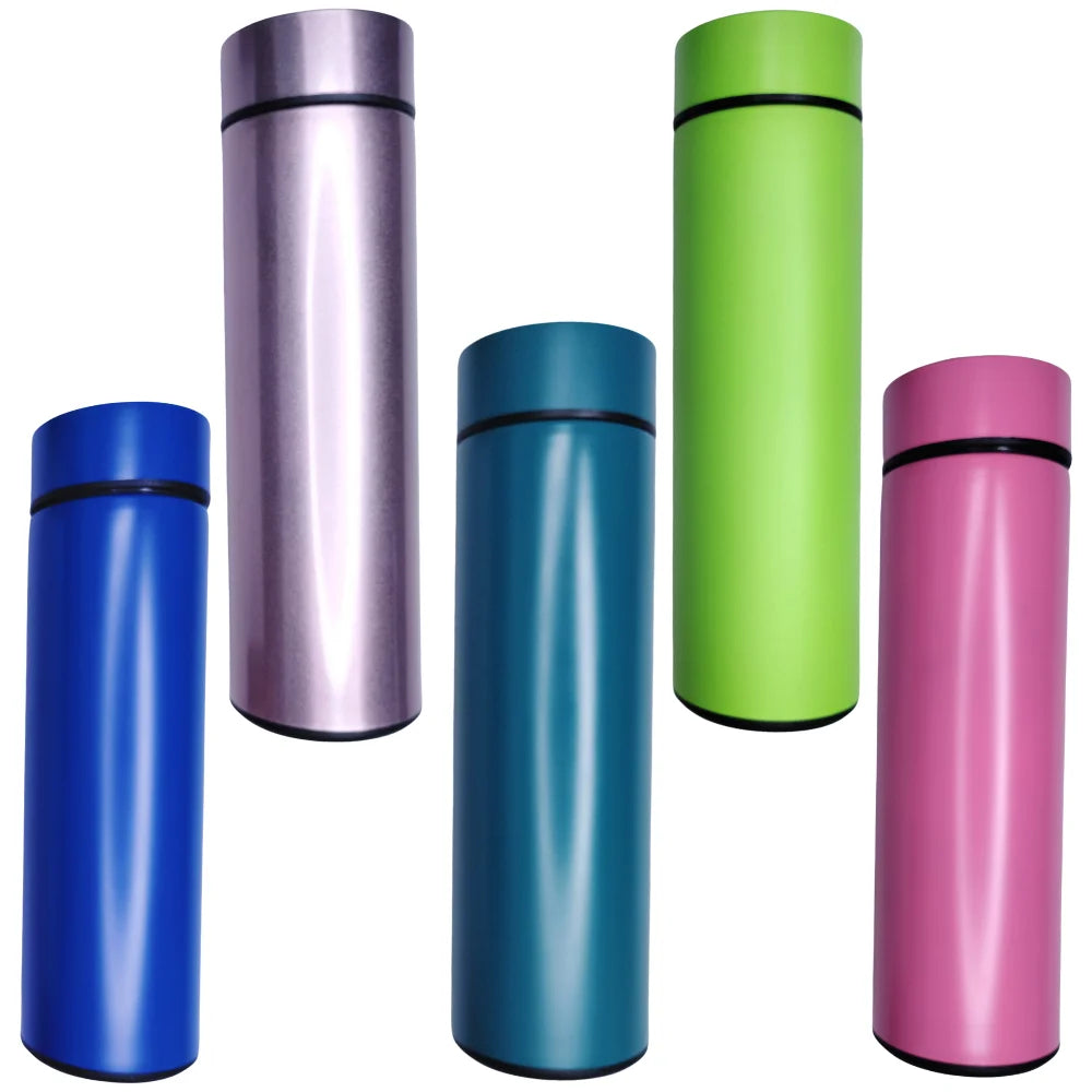 Garrafa térmica Inox com sensor de temperatura digital inteligente e LED para bebidas quentes e frias.