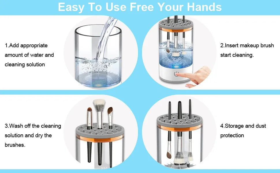 Limpador de pincéis de maquiagem elétrico portátil com plugue USB e escova de borracha.